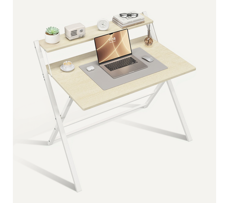 Bureau Informatique Pliable Avec Petit Étagère Surélevée Et Pieds En Forme X, Bois Clair