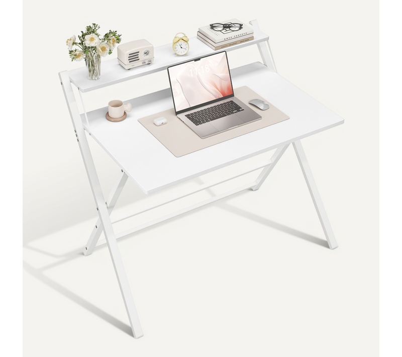 Bureau Informatique Pliable Avec Petit Étagère Surélevée Et Pieds En Forme X, Blanc