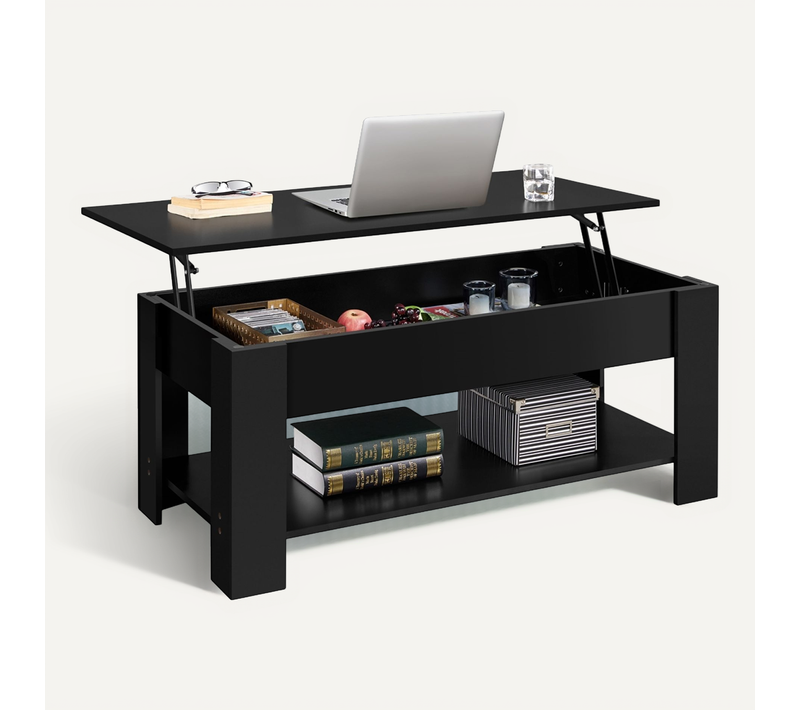 Table Basse à Plateau Relevable Avec Compartiment Caché Et Étagère De Rangement, 120x59cm Noir