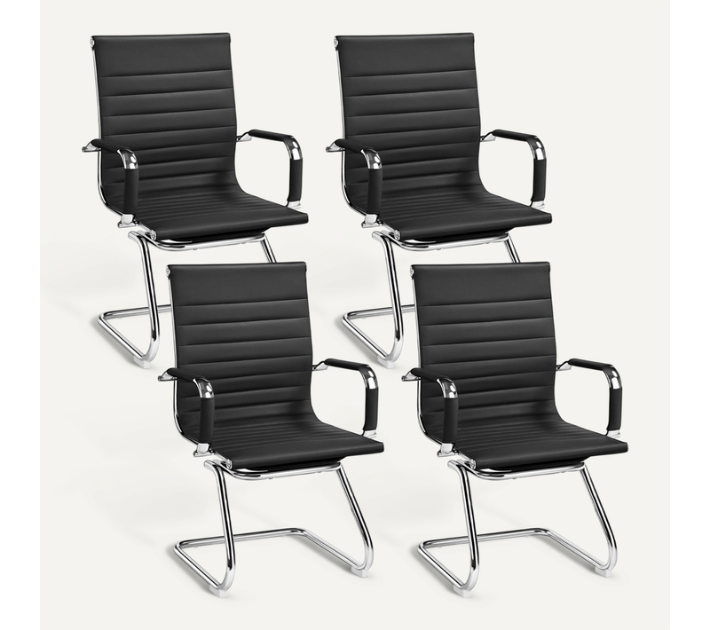 Lot De 4 Chaises Visiteur En Similicuir Avec Accoudoir Recouverts Base En Métal, Noir