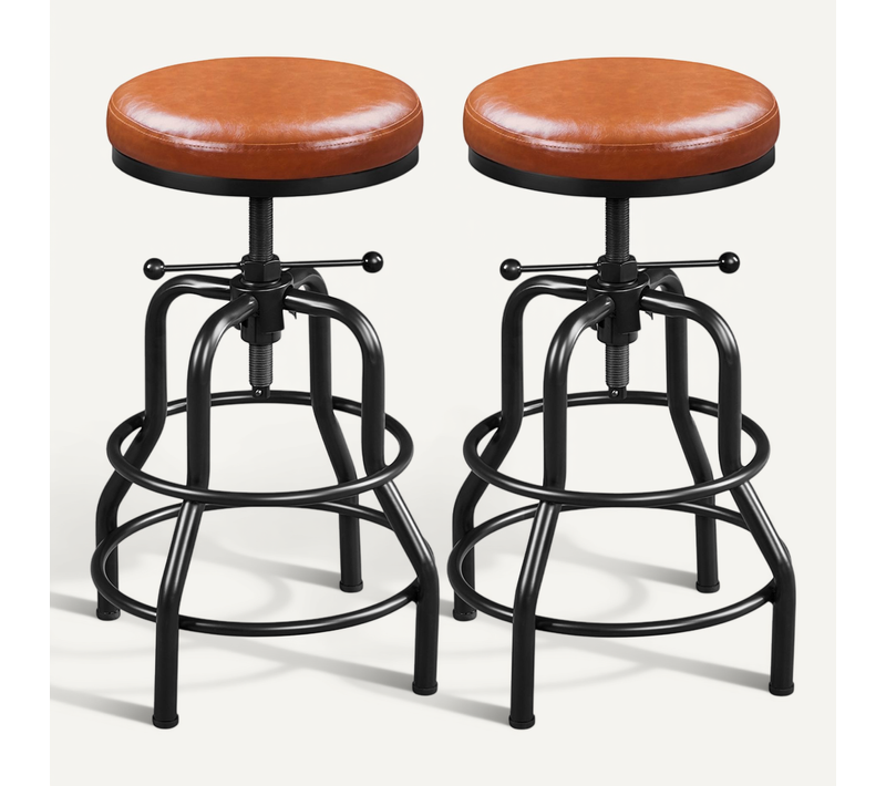 Lot De 2 Tabouret De Bar En Similicuir Réglable En Hauteur Avec Deux Repose-pieds, Marron Clair