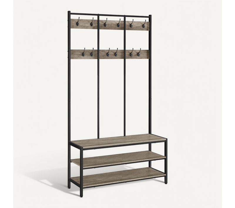 Porte-manteau Sur Pied En Bois Et Métal Avec Étagère à Chaussures à 3 Niveaux, Gris