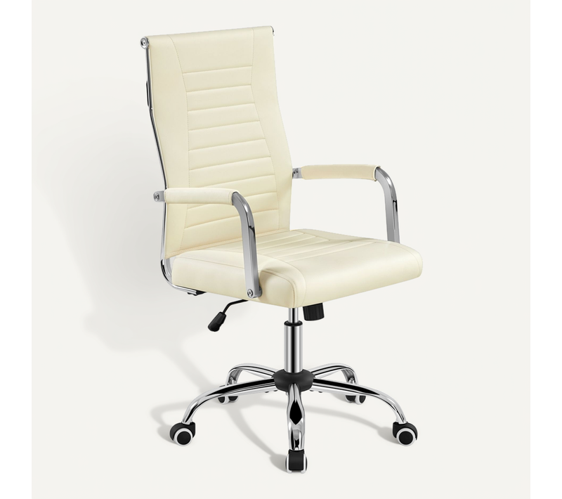 Chaise De Bureau En Similicuir Réglable En Hauteur Avec Base En Métal Chromé, Beige