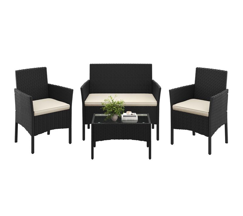 Ensemble De Salon De Jardin 4 Pièces En Polyrotin 3 Fauteuils 1 Table Noir/beige