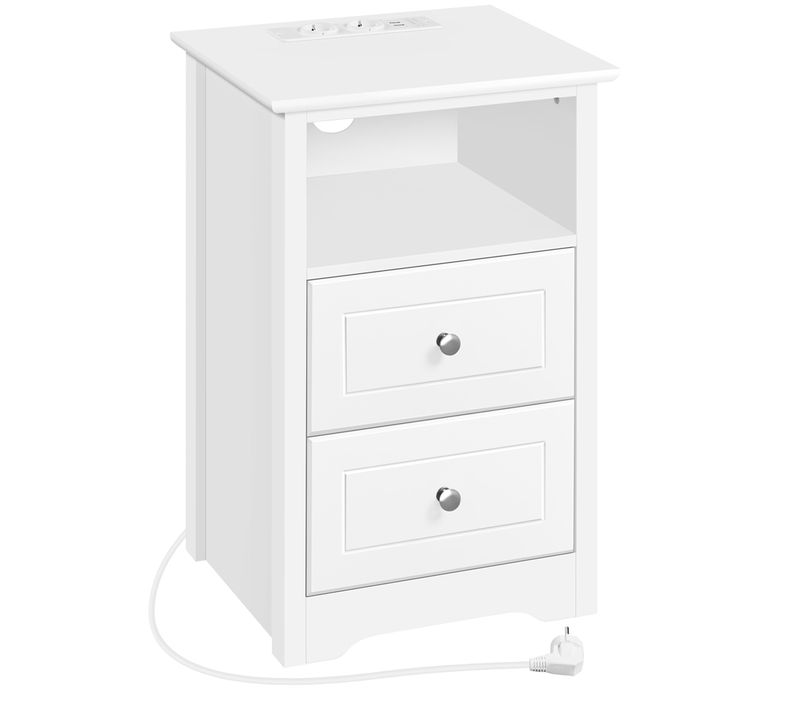 Table De Chevet Avec Station De Charge USB 2 Tiroirs Et 1 Compartiment Ouvert Blanc