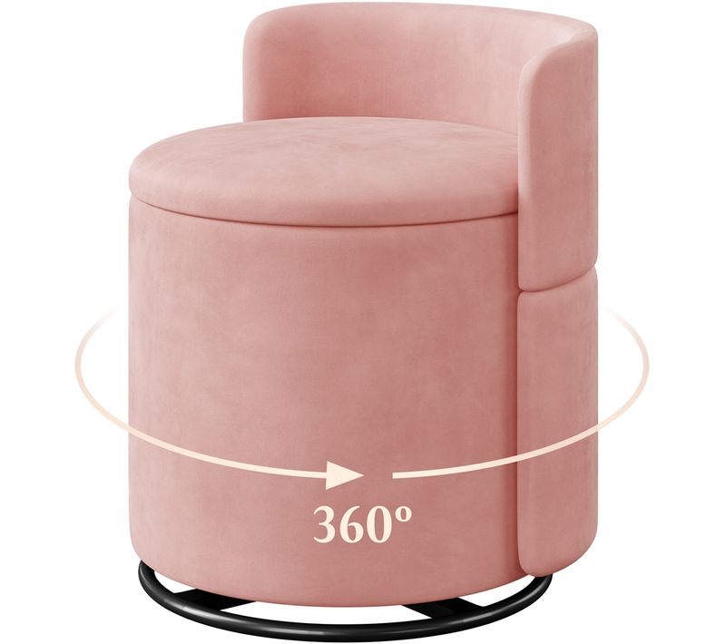Tabouret De Coiffeuse Pivotant En Velours Rose Avec Coffre De 40 L Et Dossier Ergonomique Rose