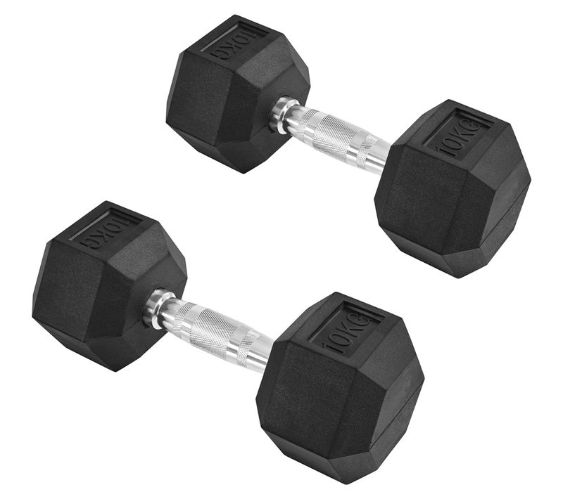 Lot De 2 Haltères Hexagonaux 10 Kg En Métal Gainés De Caoutchouc Avec Poignée Cannelée