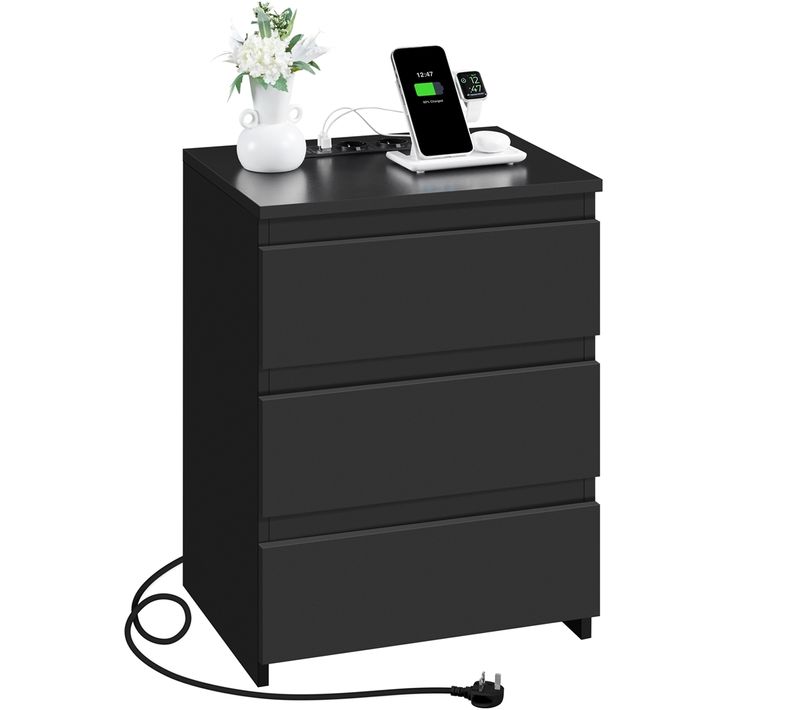 Table De Chevet Vertical À 3 Tiroirs Avec Station De Charge 2 Ports USB Et 2 Prises Ca