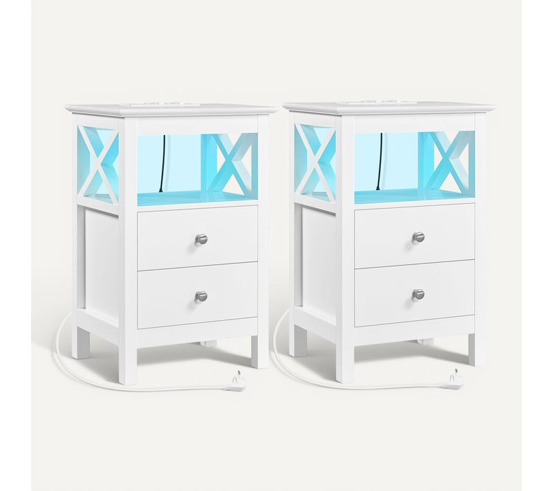 Lot De 2 Table De Chevet Avec Station De Charge Et Bande LED Ajustable 2 Tiroirs