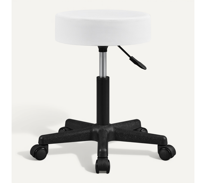 Tabouret Rond à Roulettes Hauteur Réglable Assise Rembourrée Revêtement En Simili Blanc