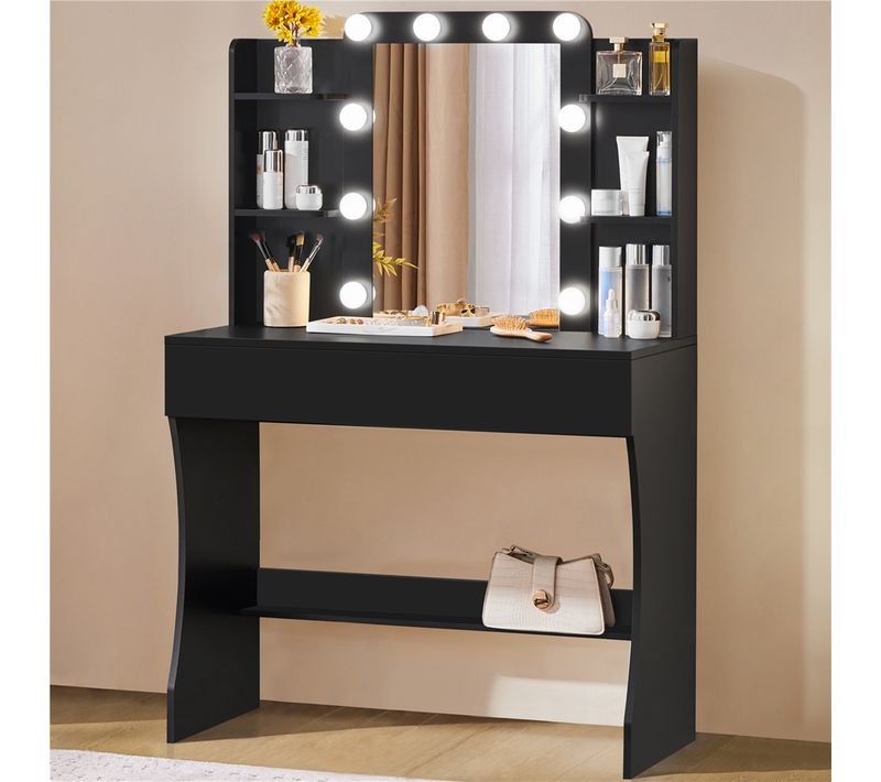 Coiffeuse Avec Miroir 10 LED 3 Couleurs, Deux Tiroirs Et Six Étagères De Rangement Noir