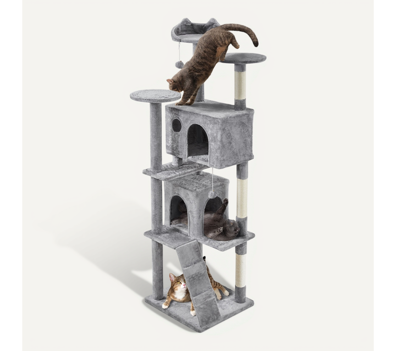 Arbre à Chat En Peluche Tour Multiniveau Avec Perchoirs Cachettes, 203 Cm H Gris Clair