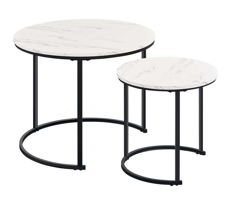 Ensemble De Table Gigogne En Bois 2 Tables Basses Rondes Avec Armature En Métal Blanc Marbré