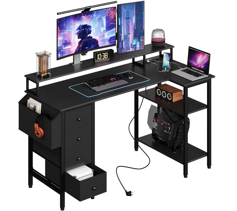 Bureau Informatique Angle Table En L Avec Support D'écran 4 Tiroirs 2 Étagère, 140*68 Cm L Noir