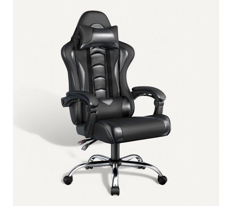 Fauteuil Gaming En Simili Avec Coussin Lombaire Massant Appui-tête Amovible Noir