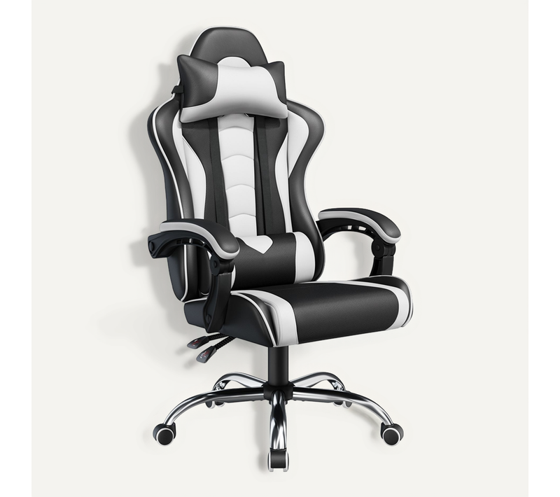 Fauteuil Gaming En Simili Avec Coussin Lombaire Massant Appui-tête Amovible Noir/blanc