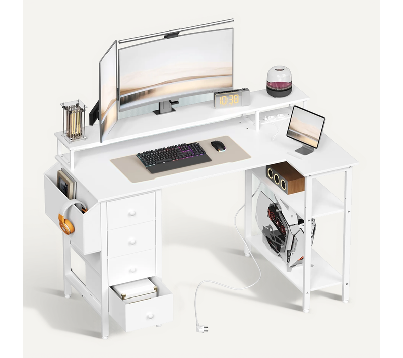Bureau PC Gaming Angle Table En L Réversible Avec Support D'écran 4 Tiroirs 120*68 Cm , Blanc