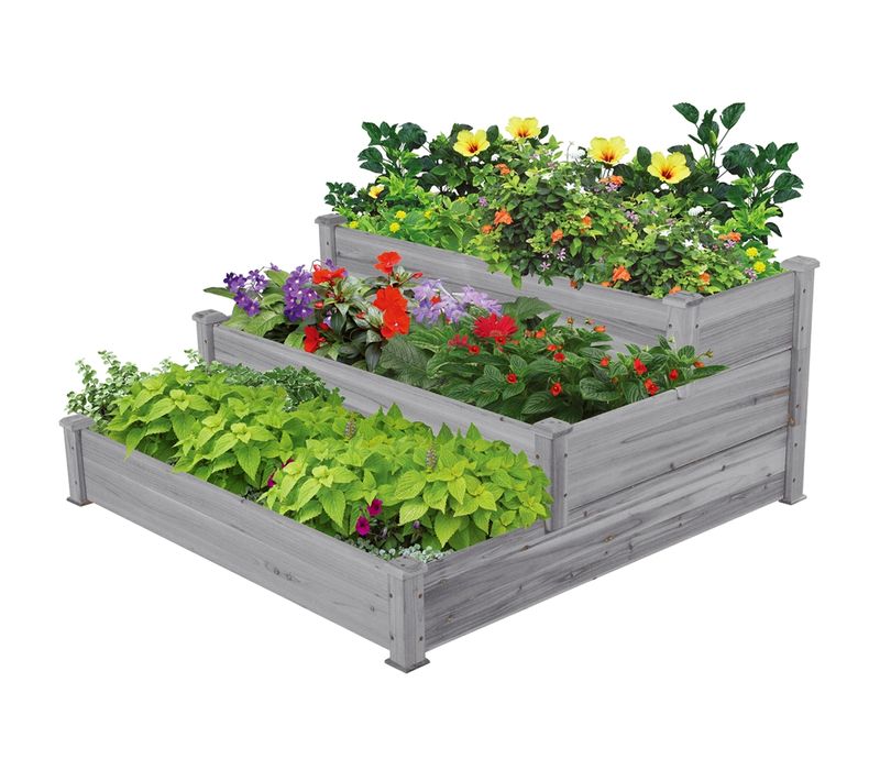 Carré Potager Podium Bac En Bois De Sapin 3 Étages, Bac De Culture 3 Couches Stand De Fleurs Gris