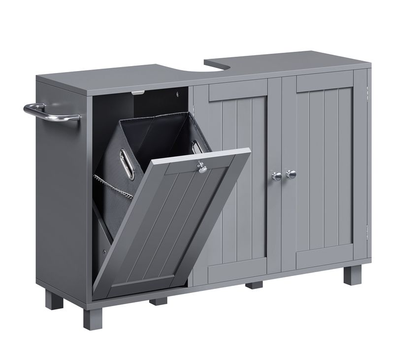 Meuble Sous Lavabo à 3 Portes Avec Panier à Linge Gris