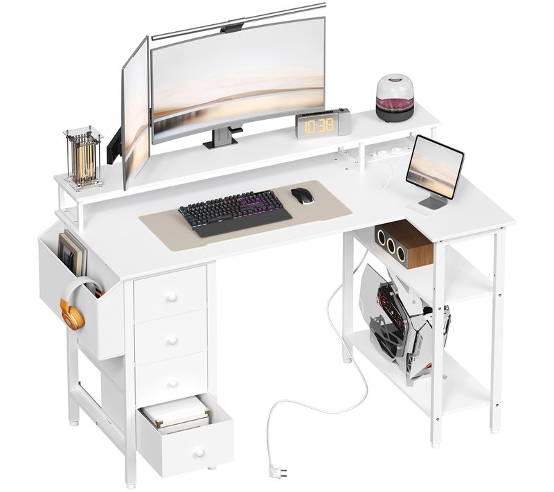 Bureau Informatique Angle Table En L Avec Support D'écran 4 Tiroirs 2 Étagère, 140*68 Cm L Blanc