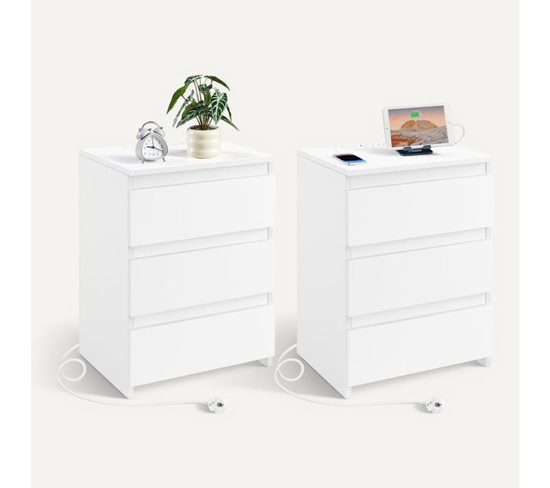 Lot De 2 Table De Chevet Vertical à 3 Tiroirs Avec Station De Charge Blanc