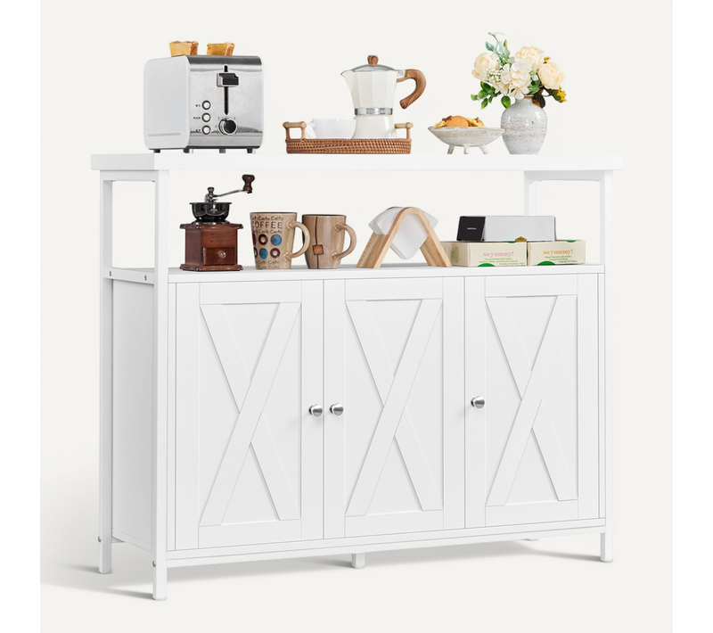 Buffet De Cuisine En Bois Bahut Avec 3 Portes Étagères Réglables Blanc