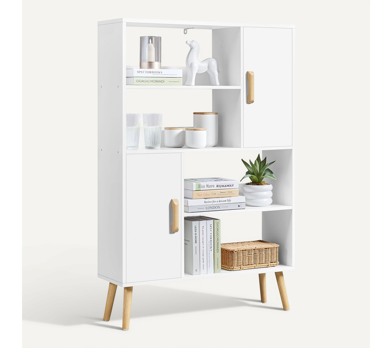 Bibliothèque à 4 Niveaux Avec 2 Armoires De Rangement Scandinave Blanc