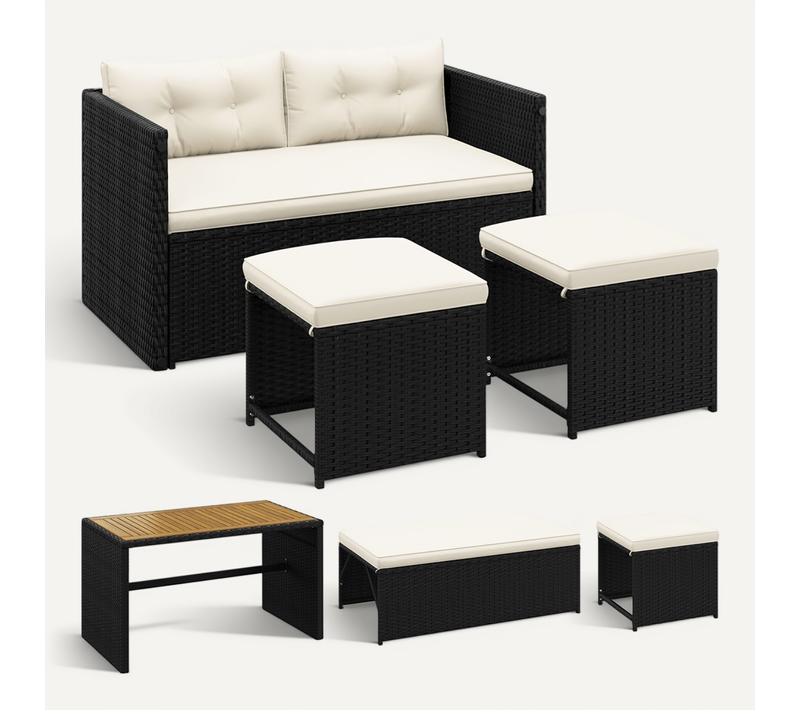 Salon De Jardin En Polyrotin Avec Table En Acacia Banquette Convertible Noir