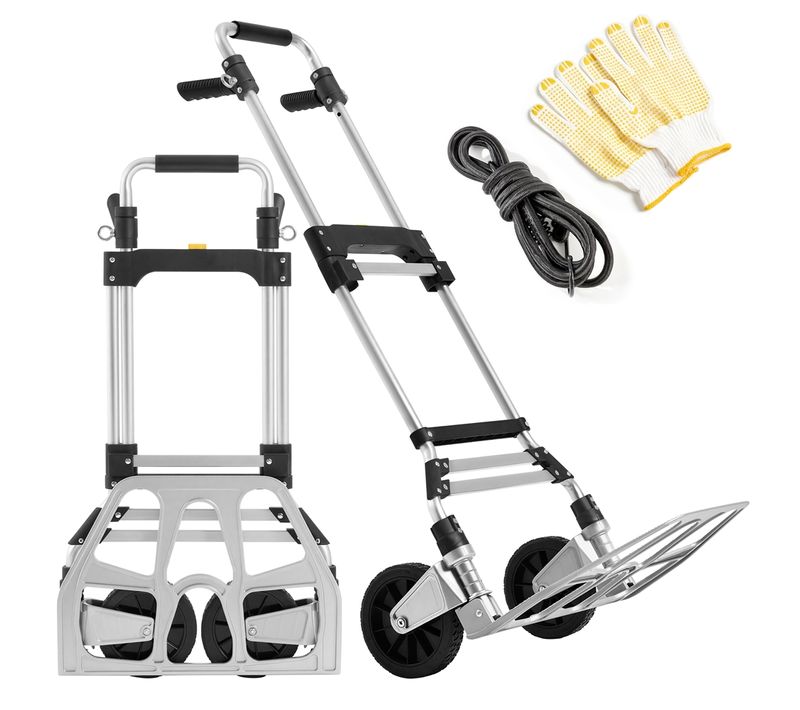 Diable Pliant En Aluminium Avec Poignée Réglable Tendeur élastique Gants Capacité 150 Kg Argent