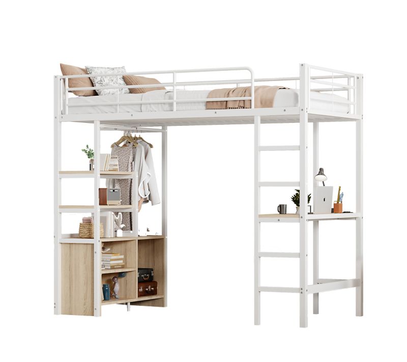 Lit Mezzanine Lit Enfant 90x200cm, Bureau, Armoire De Rangement Ouverte, Métal, Blanc