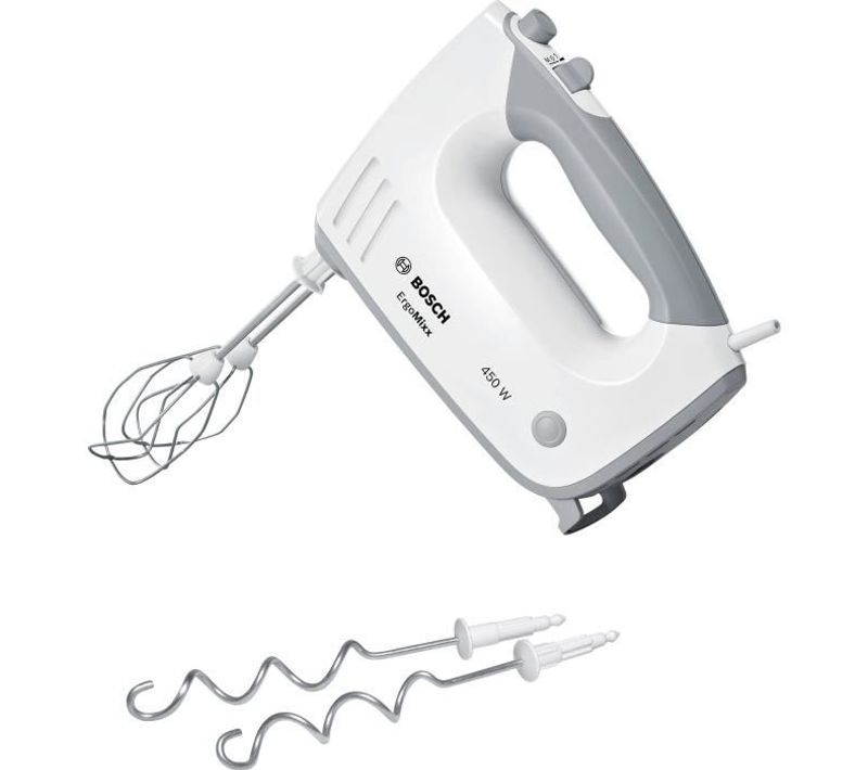Batteur Ergomixx 450 W - Mfq36400 Blanc/gris - 5 Vitesses+turbo - 2 Fouets - 2 Crochets Pétrisseurs