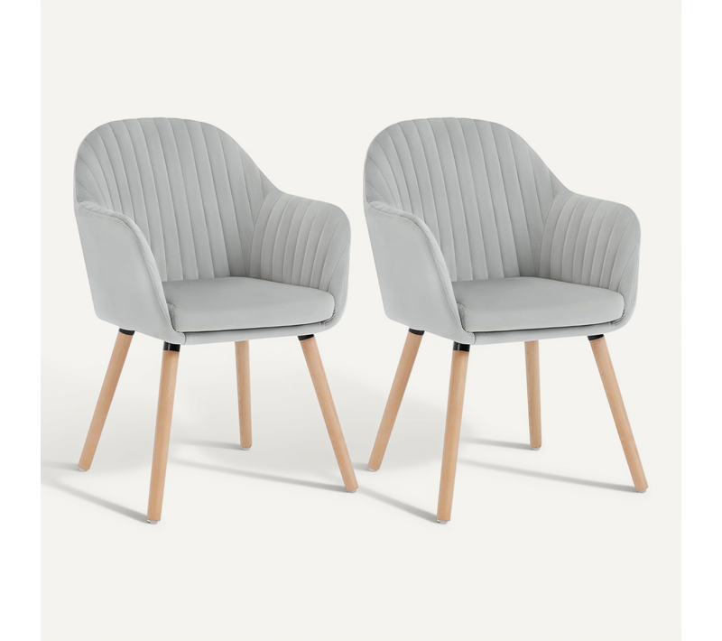 2 x Chaise De Salle à Manger Pour La Cuisine - Salon - Café En Velours + Bois Massif Gris Clair