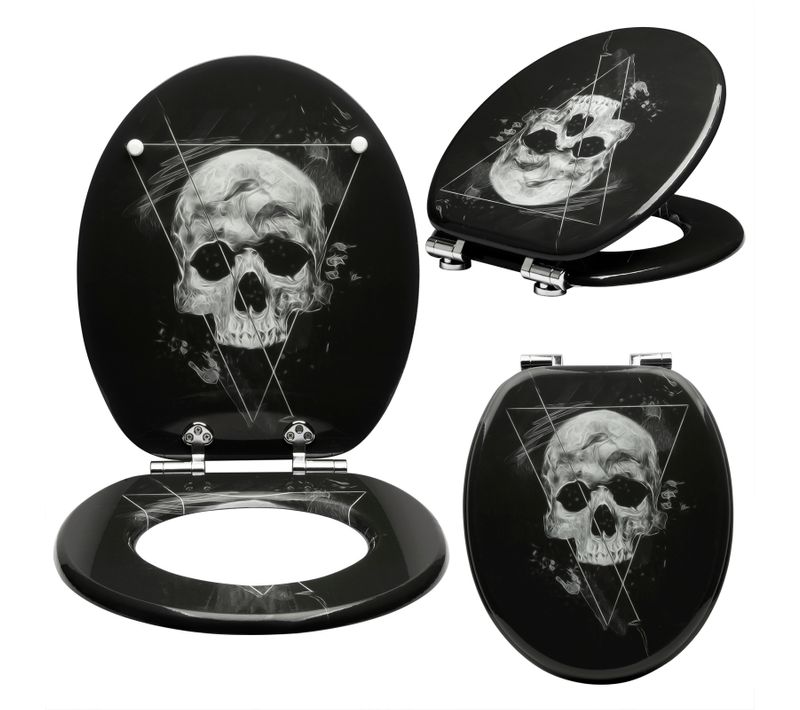 Abattant De Toilette En Mdf Avec Charnière.couvercle De Wc.fixation Rapide.43.6x37.8cm.crâne Noir