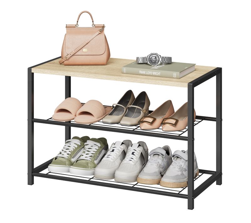 Meuble De Rangement Pour 6 Paires.Banc Etagère à Chaussures Avec 2 Étagères.Étagère En Bois+Métal