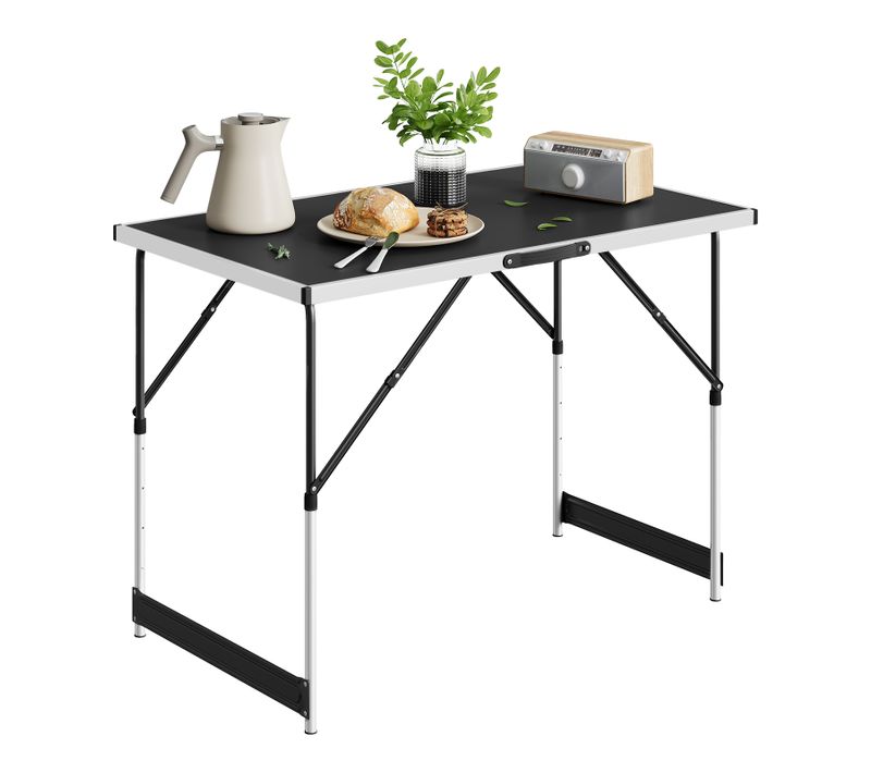 Table De Camping Pliante. Table De Jardin. Réglable En Hauteur. En Aluminium Acier Mdf. Noir