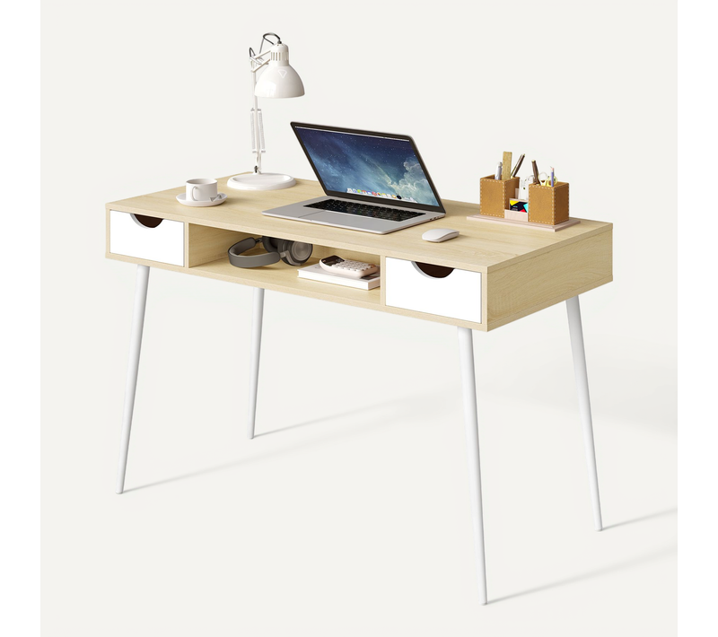 Bureau D'ordinateur En Métal+Bois.Table De Bureau Avec 2 Tiroirs Et 1 Compartiment Ouvert.Chêne