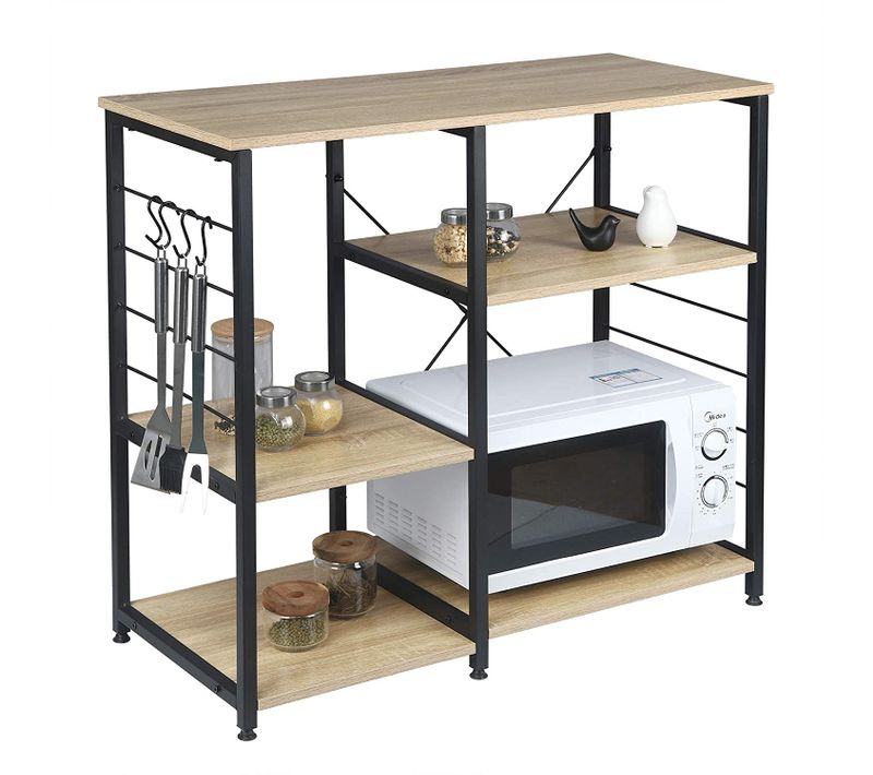 Étagère De Rangement En Métal+Bois Avec 5 Tablettes. Étagère Cuisine. 90x40x83.5cm.Noir+Chêne