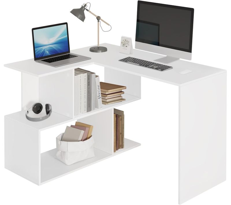 Table De Bureau En Aggloméré. Table D'ordinateur En L Avec Étagères. 120x100x77cm. Blanc