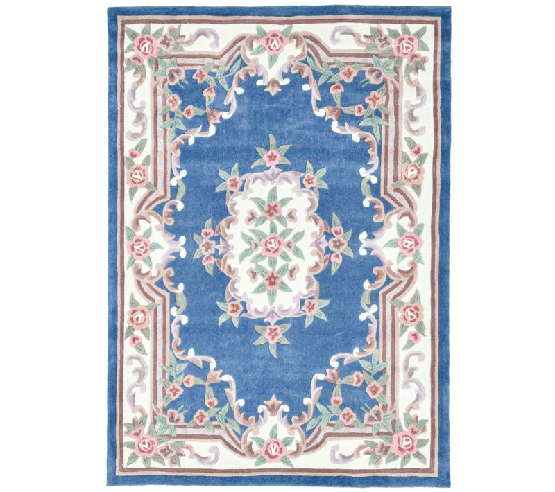 Tapis Tufté Main Avec Bordure En Design Aubusson - Ming 60x90 Cm - Bleu