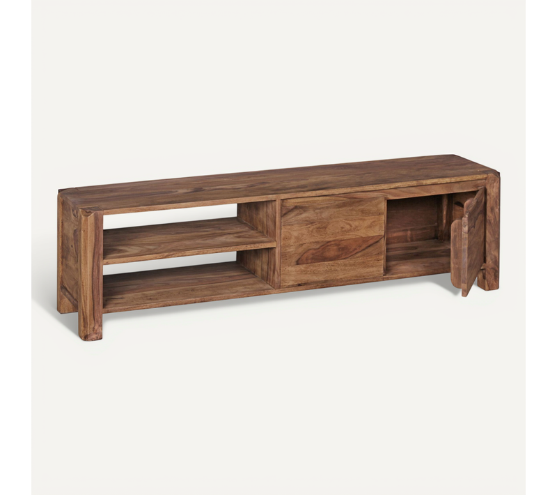 Meuble TV 140 Cm Lowboard Tiroir Commode TV Bois Massif Avec Portes Marron