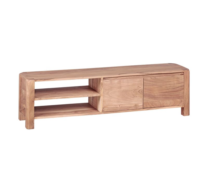 Meuble TV 140 Cm Lowboard Tiroir Commode TV Bois Massif Avec Portes Marron