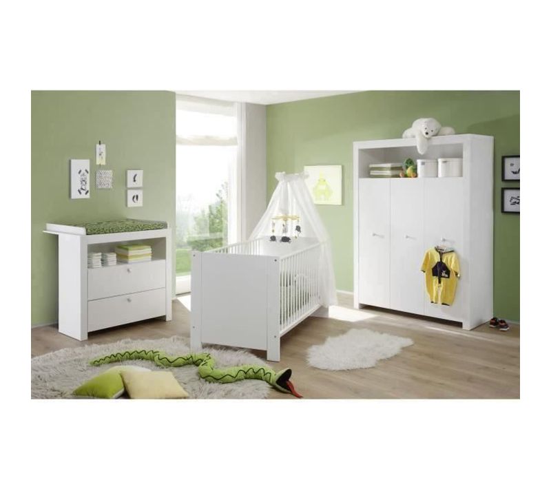 Chambre Bébé Trio : Lit 70 X 140 Cm + Commode à Langer + Armoire Olivia - Blanc - Trend Team