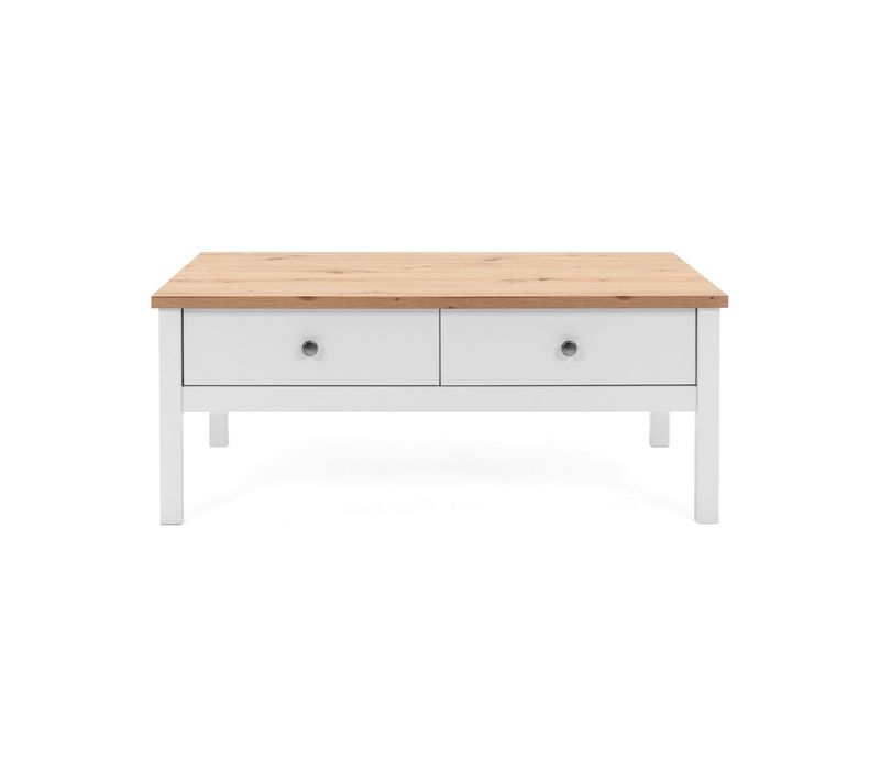 Table Basse  Rectangulaire  Decor Chene Naturel Et Blanc  Style Campagne  Sur Pieds  Avec Rangement