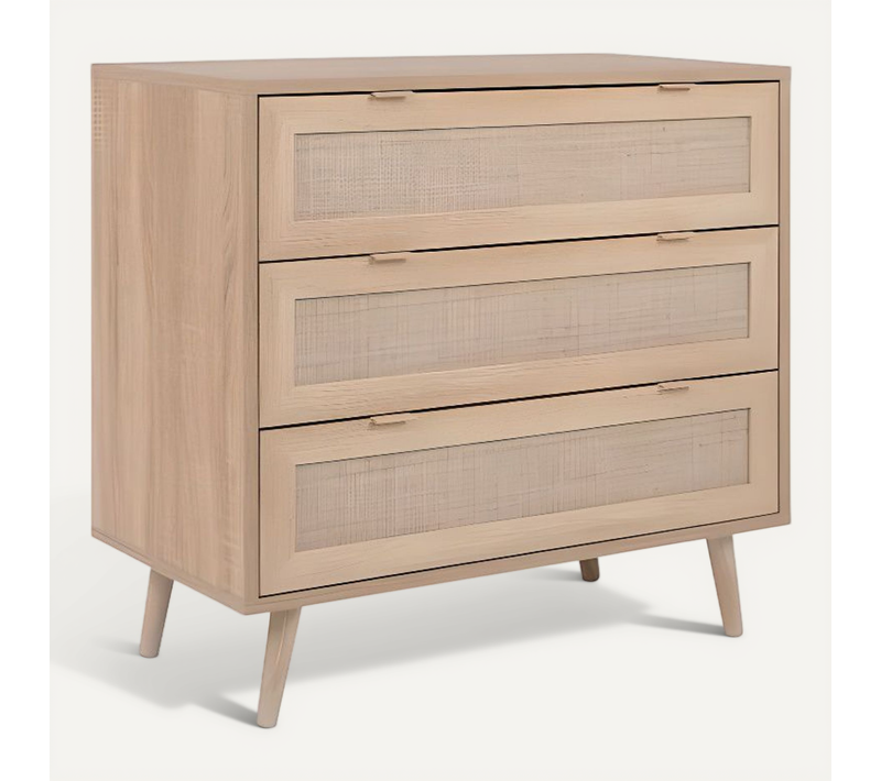 Commode 3 Tiroirs Trompe L'oeil Cannage - Décor Chêne Sonoma - L 80 X P 40 X H 80 Cm - Bali