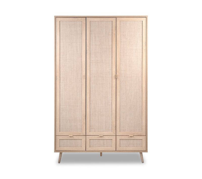 Armoire 3 Portes Avec Penderies L120 Cm - Impression Effet Rotin