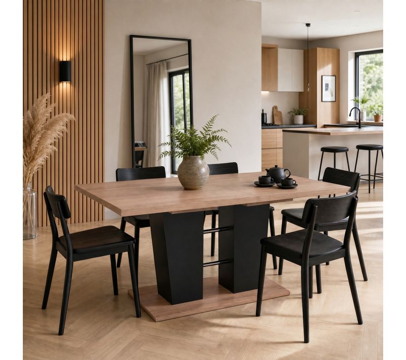 Table extensible L.140 à 180 cm LEXIE imitation chêne et noir
