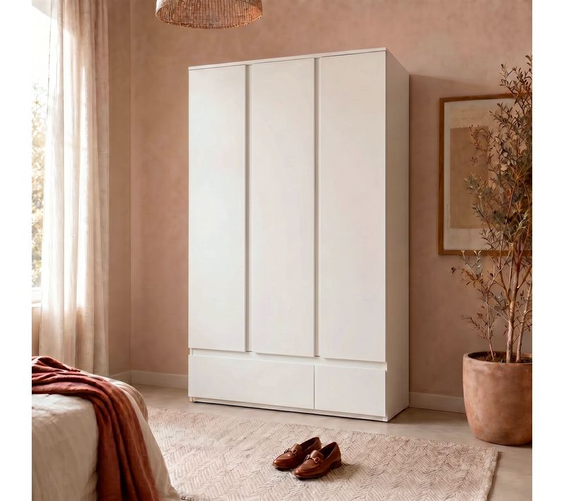 Armoire 3 portes 2 tiroirs L. 120 cm LUMIA Blanc