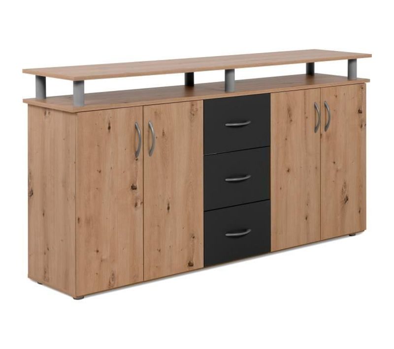 Buffet Nevada - Décor Chene Artisan Et Anthracite - 4 Portes 3 Tiroirs - L 155 X H 83 X P 35 Cm