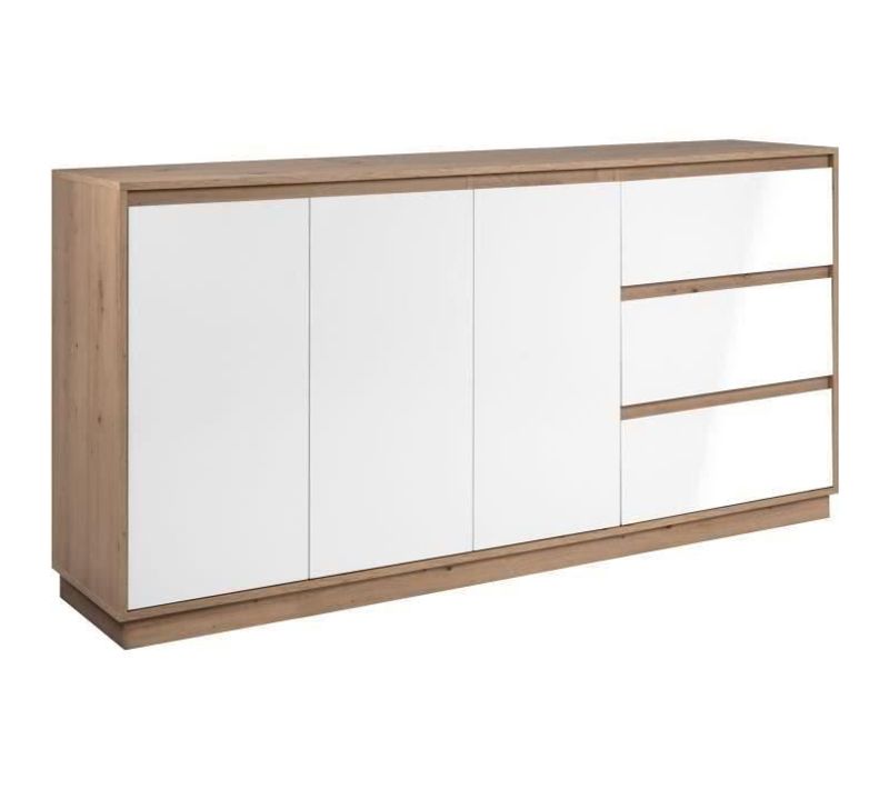 Buffet - Phoenix - Décor Chene Artisan / Blanc Hgl - 3 Portes - 3 Tiroirs - 178 X 88 X 40 Cm