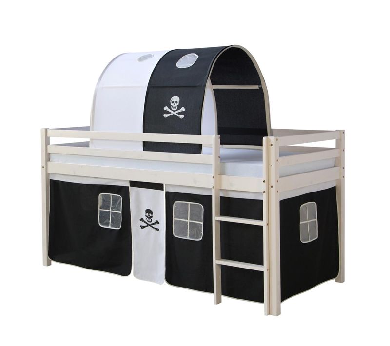 Lit Mi-haut 90x200 Avec Échelle Tunnel Et Rideau Pirate Noir Pour Enfants